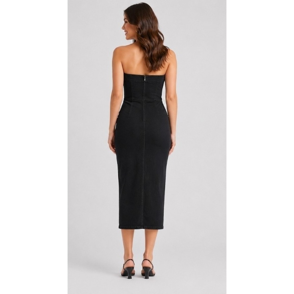 ZARA NEW WOMAN MIDI FITTED ZW THE DENIM DRESS FRAYED  HEM SMALL NWT T50 NEW - Picture 4 of 5